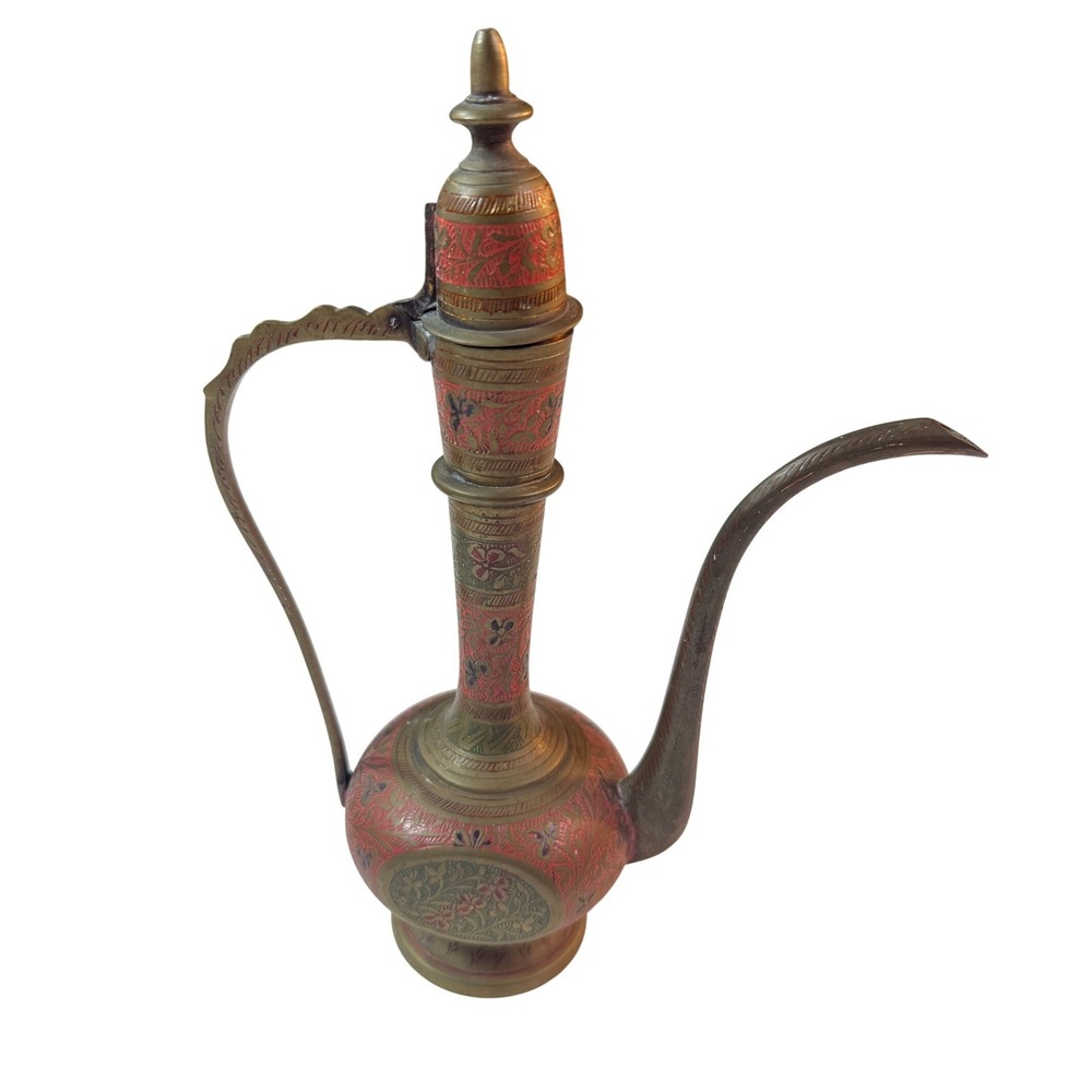 India Brass Aftaba Teapot Pitcher Engraved Floral‎ Indo Persian Decor Etched VTG